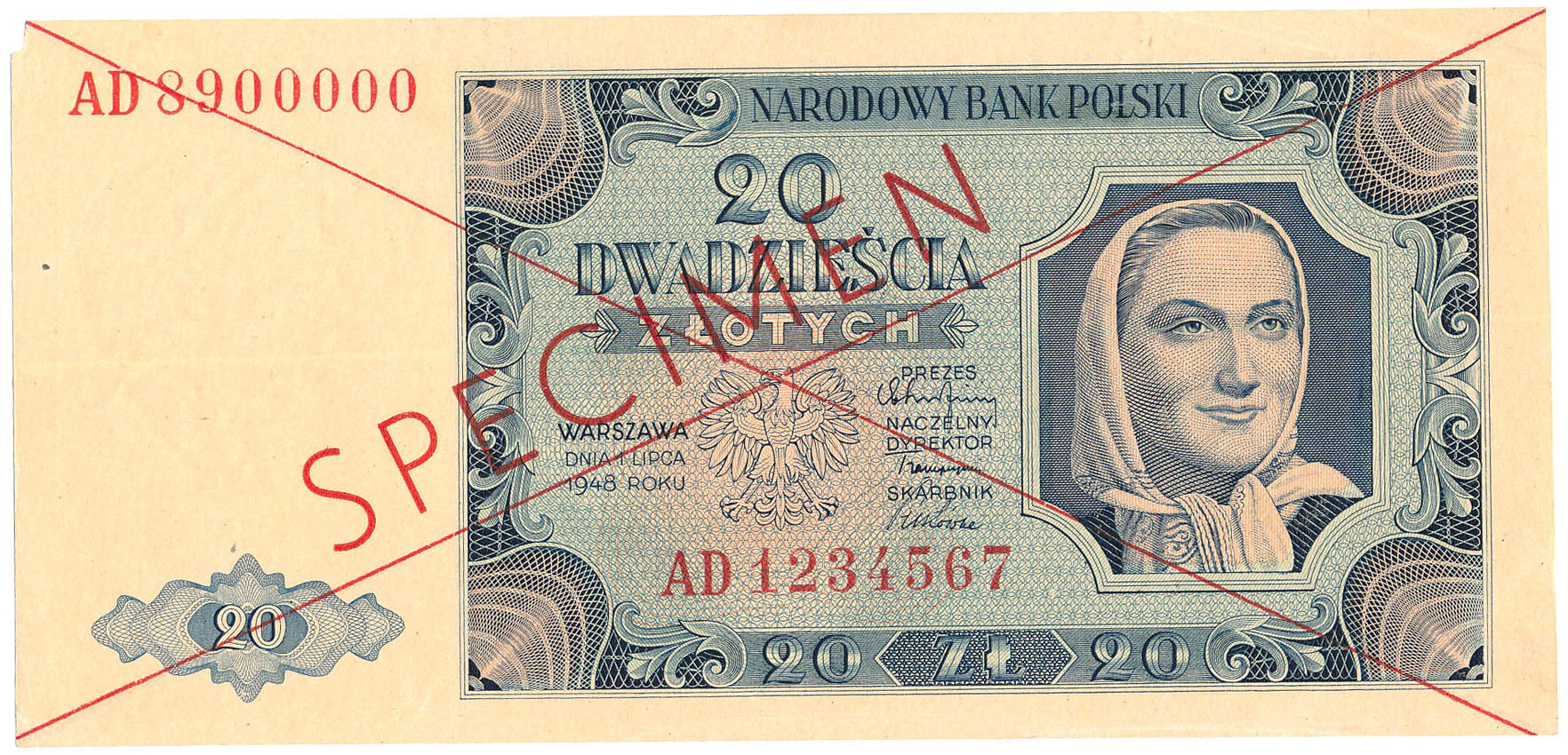 Banknot. WZÓR / SPECIMEN 20 złotych 1948 seria AD RZADKOŚĆ R6